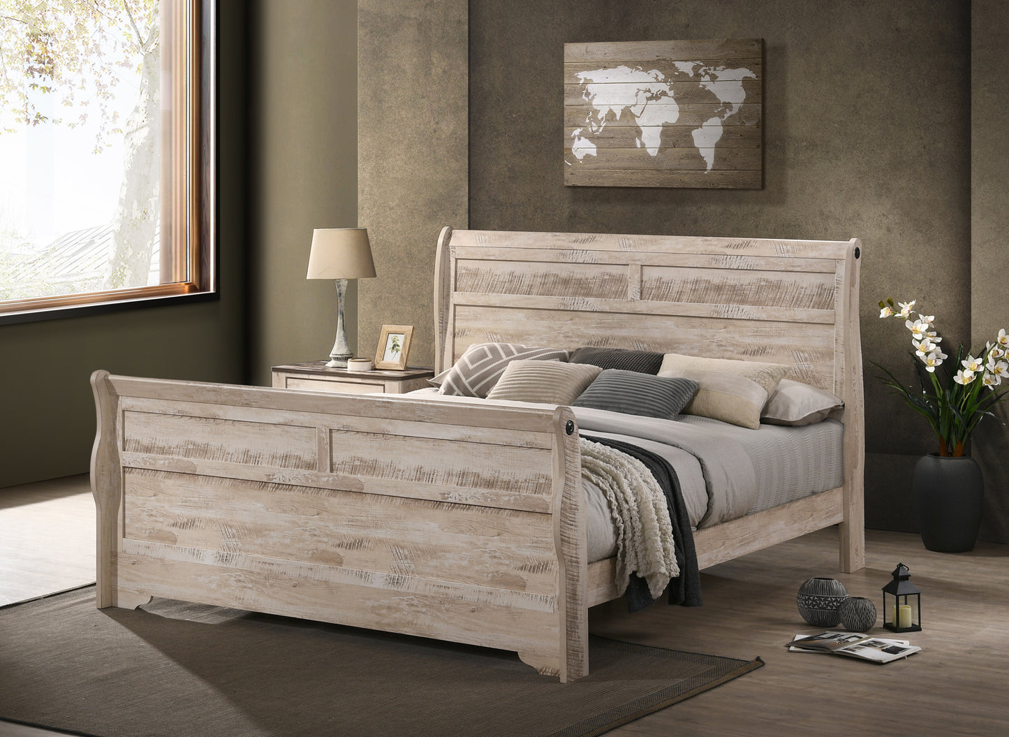 Imerland Contemporary White Wash Finish Bedroom Set with Queen Sleigh Bed, Dresser, Mirror, Two Nightstands