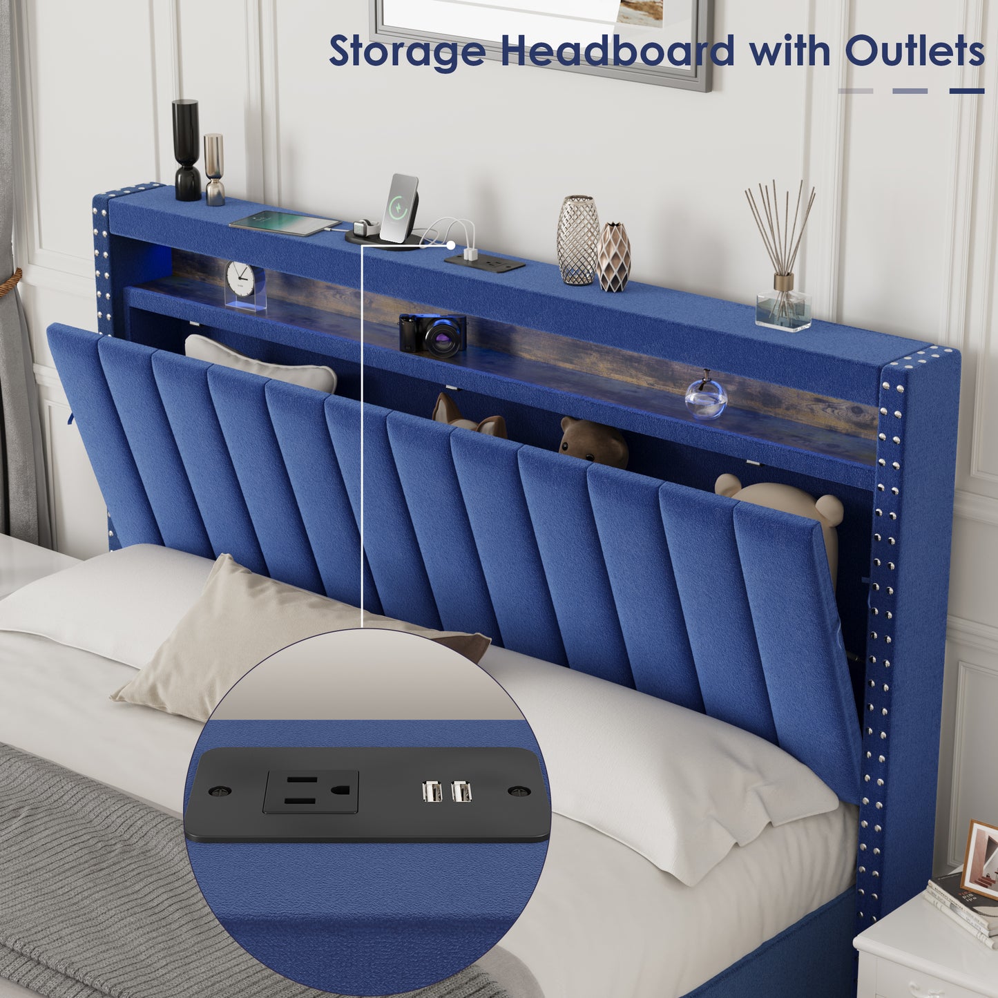 Luxury Gas Lift Storage Bed with RF LED Lights, Storage Headboard ,FULL Size ,Velvet Blue