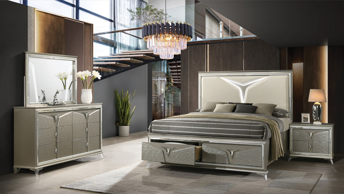 Modern Style Queen 4PC Bedroom Set Made with Wood & LED Headboard