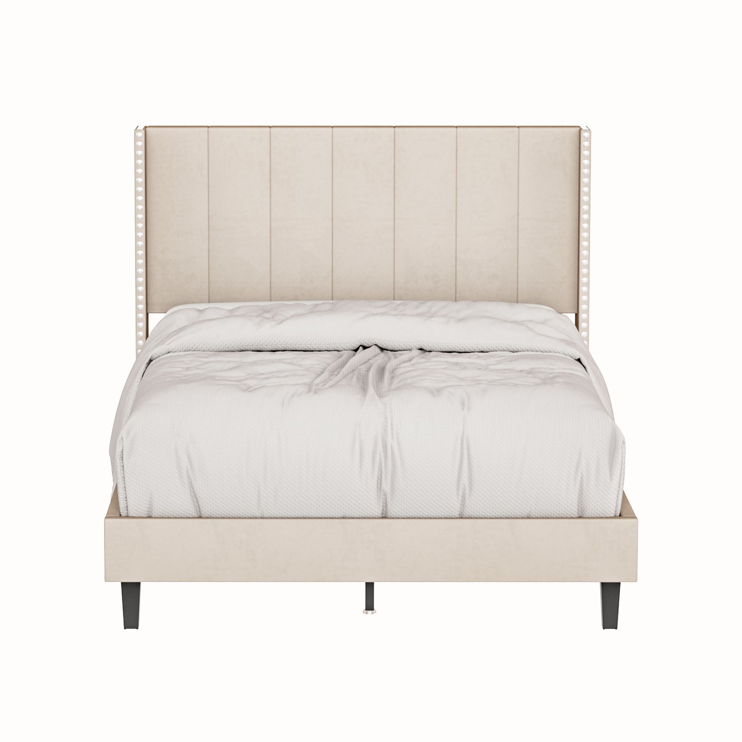 Marco de cama tapizado de terciopelo con cabecera capitoné de canal vertical, cabezales de clavos decorativos modernos, marco de cama de tamaño completo Beige