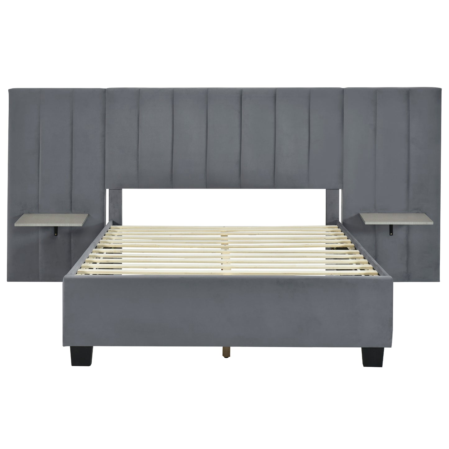 Full Size Upholstered Platform Bed with Big Headboard, Bedroom Furniture, Velvet, Gray