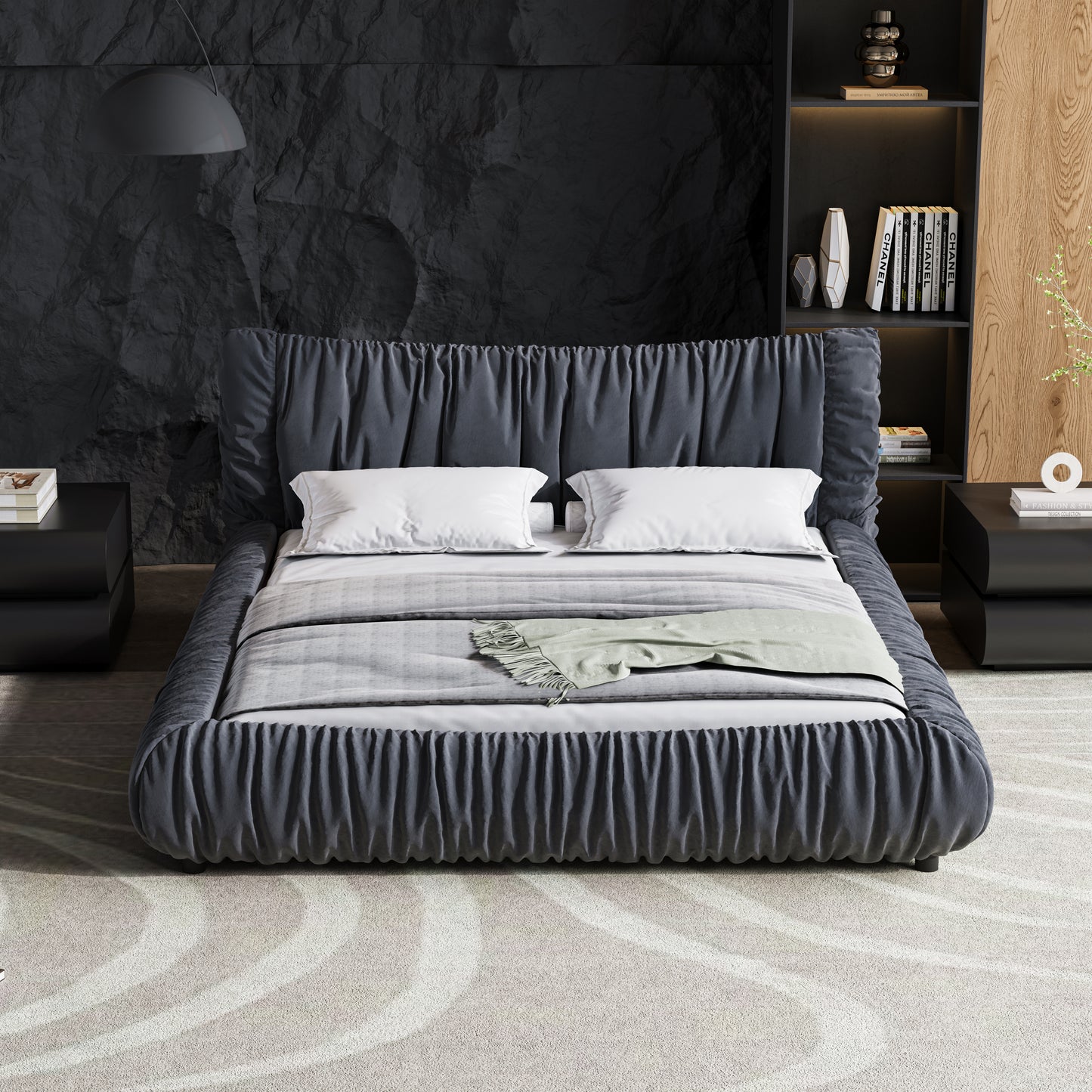 King Size Luxury Upholstered Platform Bed with Removable Cushion and Solid Wood Frame,suitable for Multiple heights of mattresses,DARK GREY