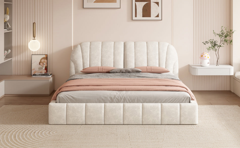 Queen Size Upholstered Platform Bed with Thick Fabric, Polyester, Beige