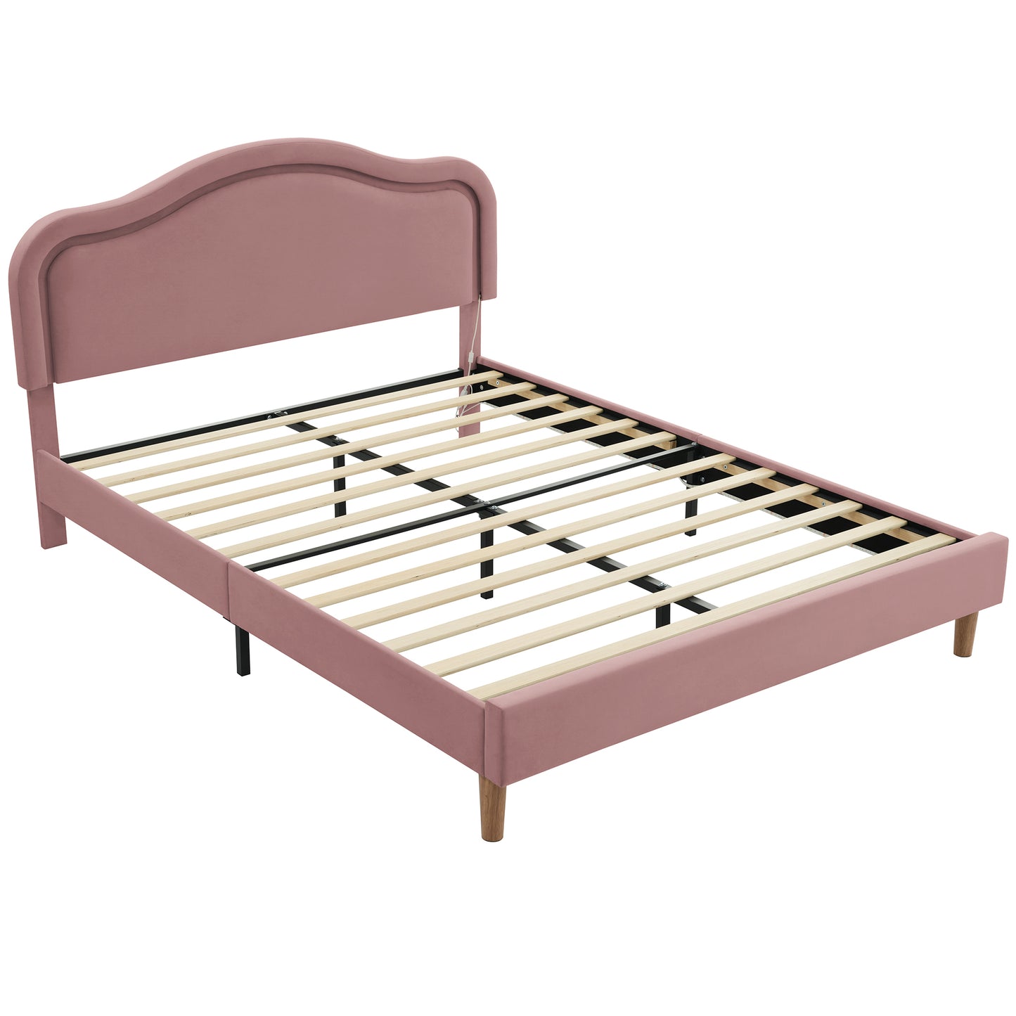 Queen Size Velvet Upholstered Smart LED Bed Frame with Adjustable Height Headboard,No Box Spring Needed,Easy Assembly,Pink