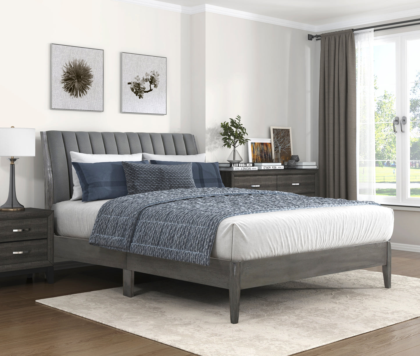 Modern California King Platform Bed 1pc Velvet Upholstered Headboard Gray Finish Solid Wood Legs Bedroom Furniture, Bed in a Box