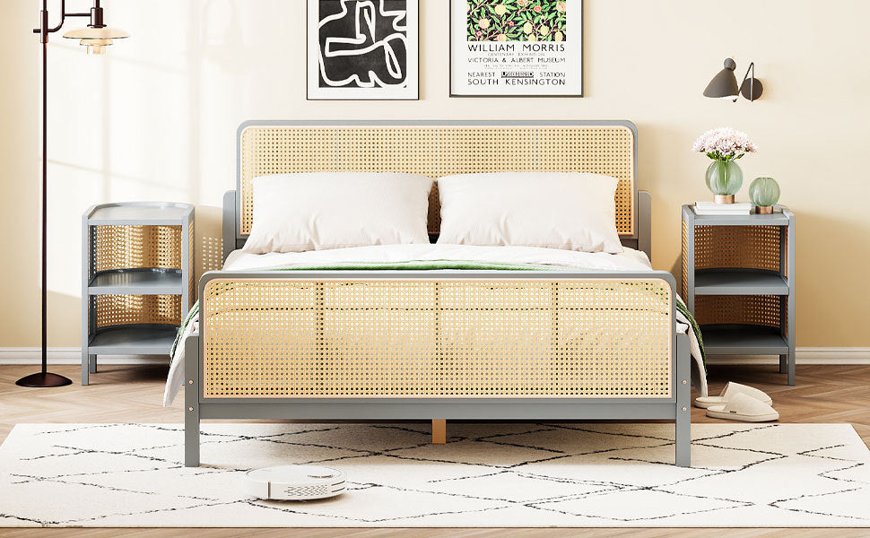 3 Pieces Rattan Platform Full Size Bed With 2 Nightstands,Gray