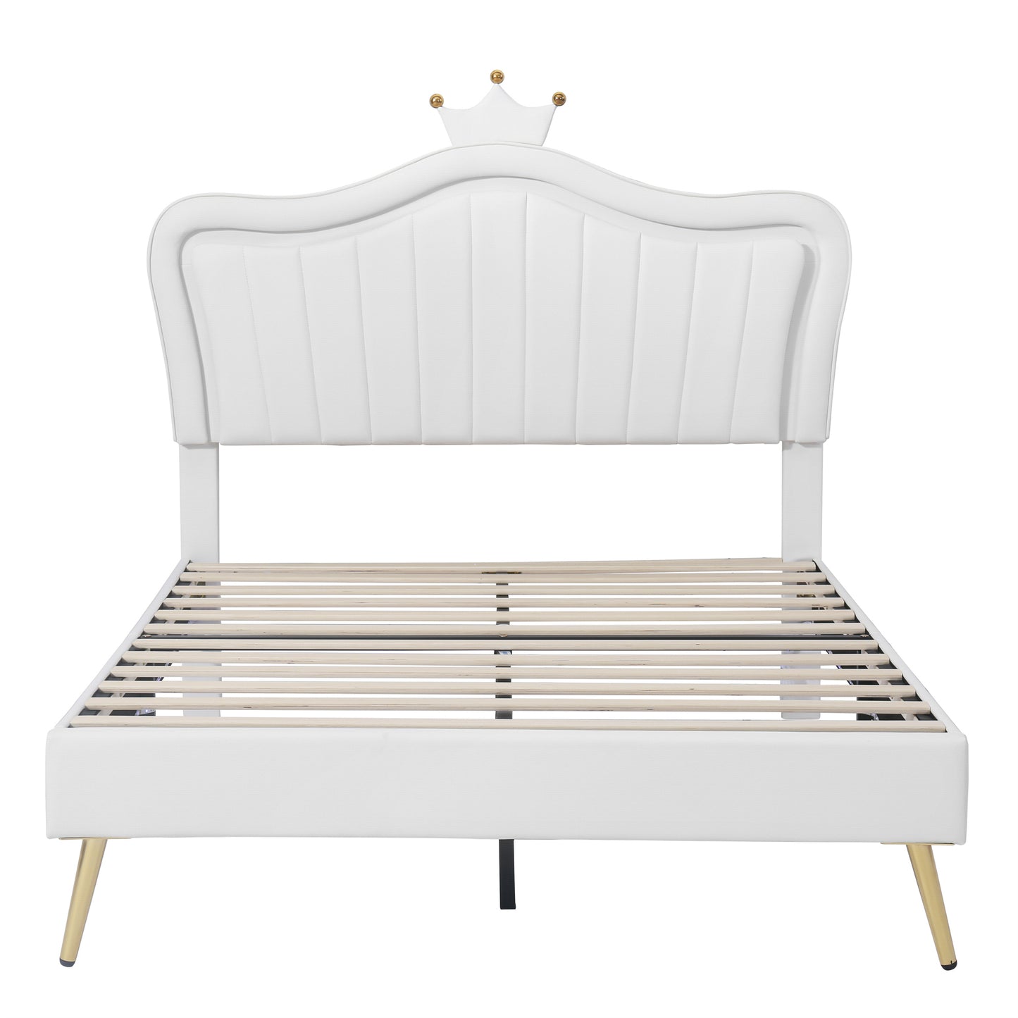 Full Size Upholstered Bed Frame with LED Lights,Modern Upholstered Princess Bed With Crown Headboard,White