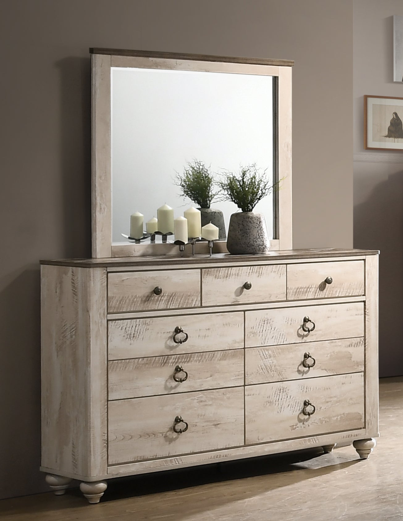 Imerland Contemporary White Wash Finish Bedroom Set, King Bed, Dresser, Mirror, Nightstand and Chest