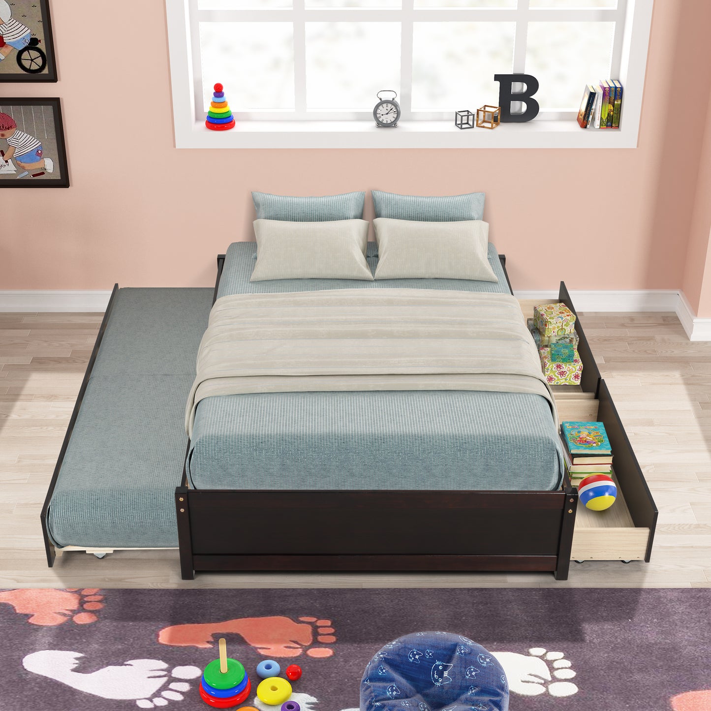 FULL BED WITH TWIN SIZE TRUNDLE AND TWO DRAWERS FOR ESPRESSO COLOR