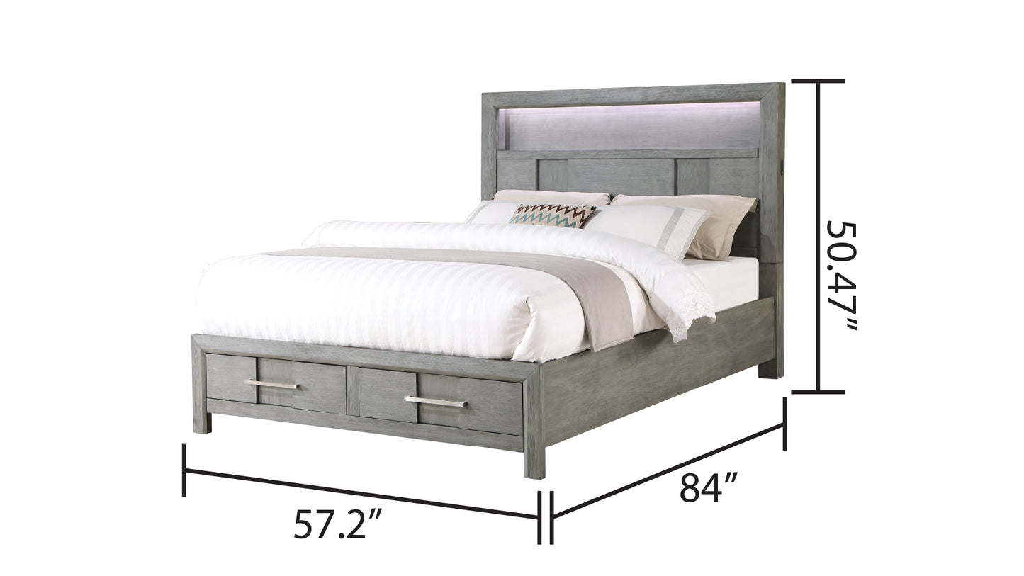 Modern Style Full Bed Made with Wood & LED Headboard with bookshelf in Gray