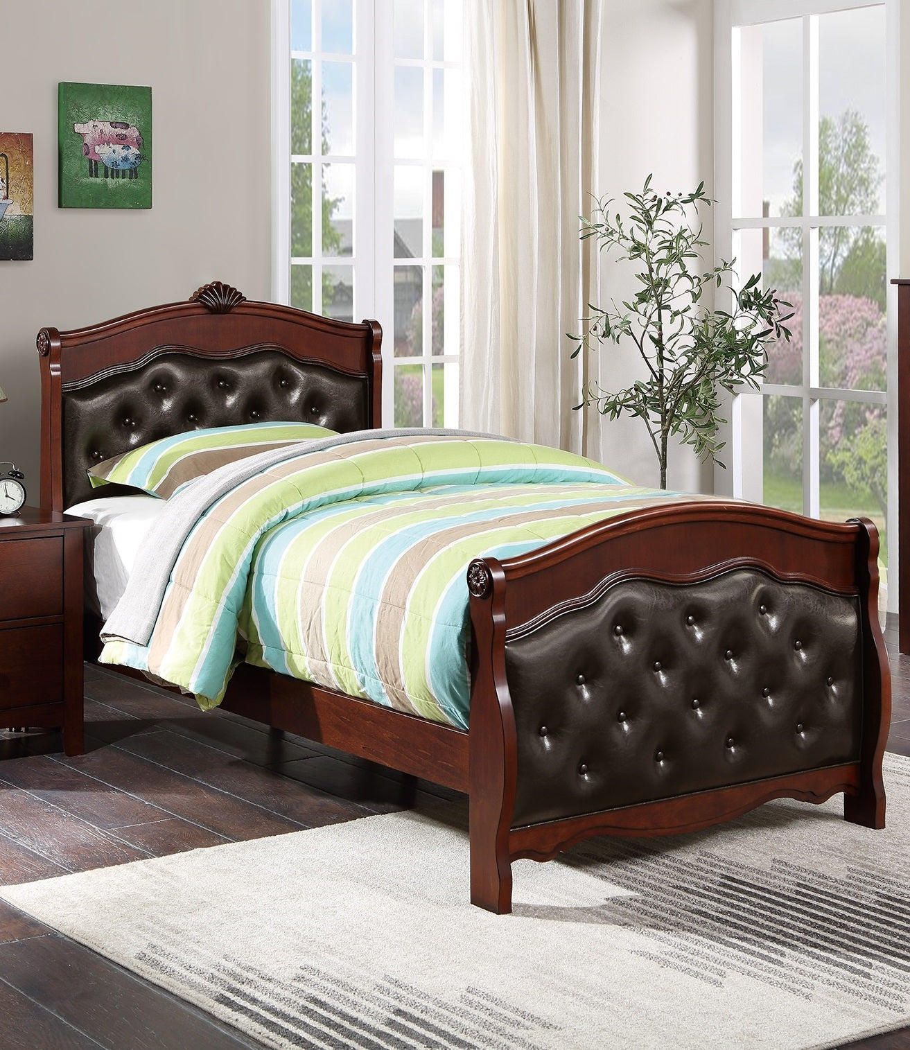 Dark Cherry Full Size Bed Youth Bedroom Furniture Espresso Faux Leather Headboard Footboard Plywood