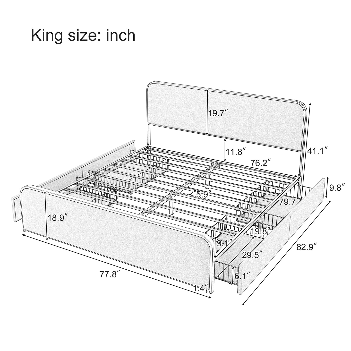 Modern Metal Bed Frame with Curved Upholstered Headboard and Footboard Bed with 4 Storage Drawers, Heavy Duty Metal Slats, King Size, Grey