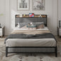 Queen Size Bed Frame with Charging Station, Upholstered Headboard, Metal Platform, Grey