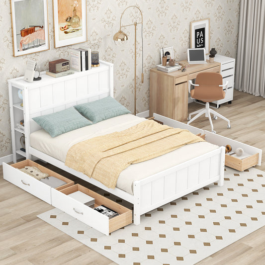 Full Size Platform Bed with Drawers and Storage Shelves, White