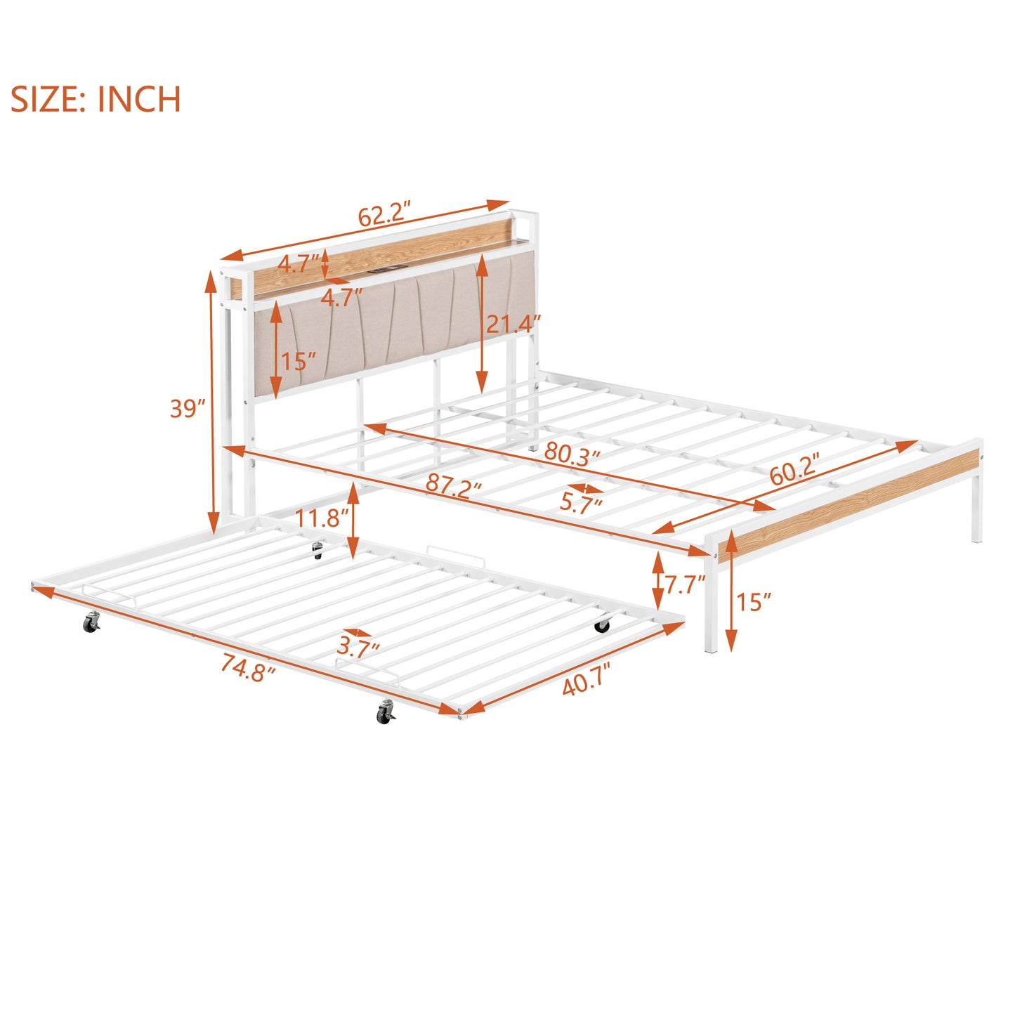 Queen Size Metal Platform Bed Frame with Twin size trundle, Upholstered headboard, Sockets, USB Ports and Slat Support, No Box Spring Needed, White