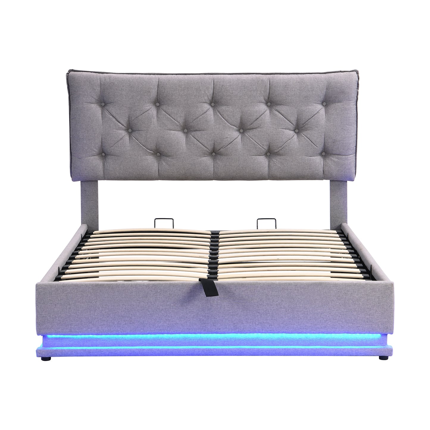 Cama tapizada de tamaño completo con sistema de almacenamiento hidráulico y luz LED, plataforma moderna con cabecera con diseño de botones, gris