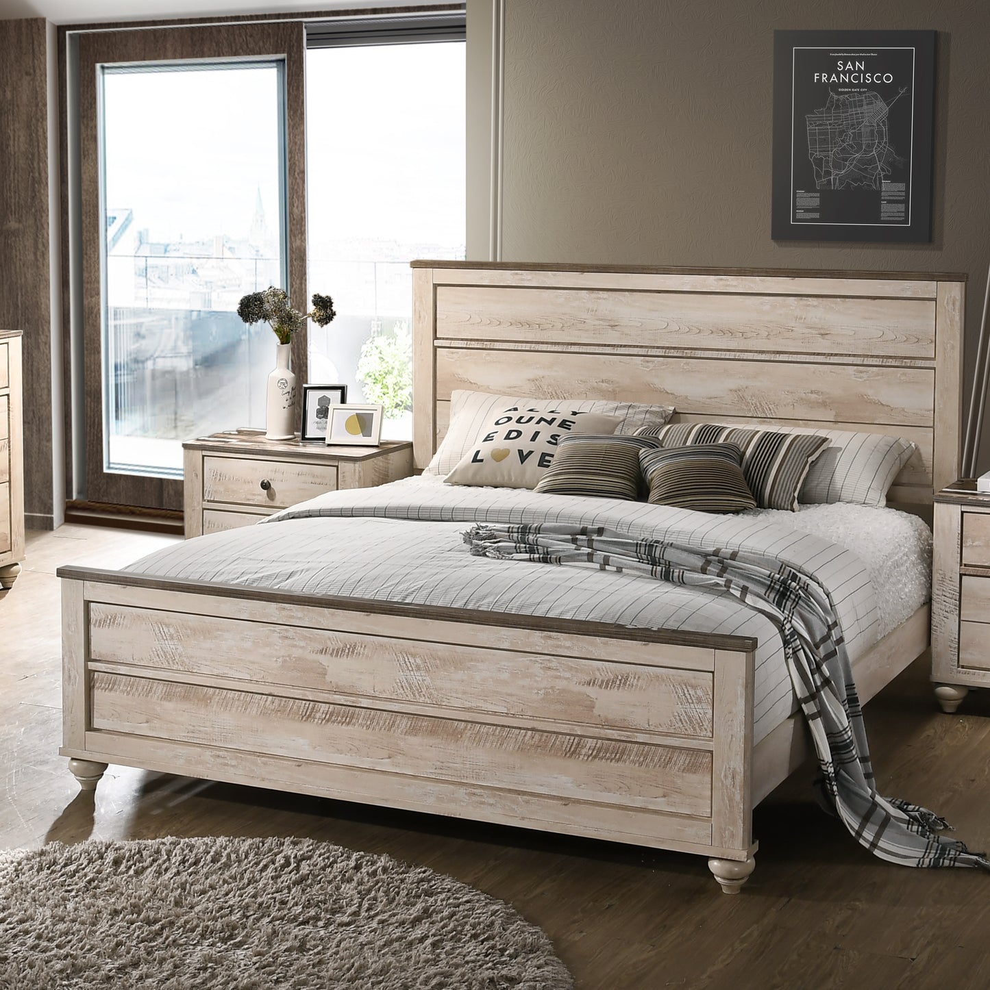 Imerland Contemporary White Wash Finish 5-Piece Bedroom Set-King Bed, Dresser, Mirror, 2 Nightstands