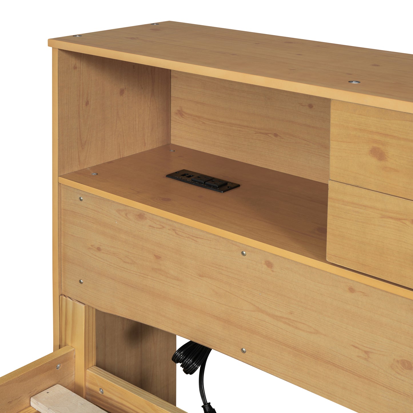 Full Size Wood Pltaform Bed with Twin Size Trundle, 3 Drawers, Upper Shelves and a set of USB Ports & Sockets, Natural