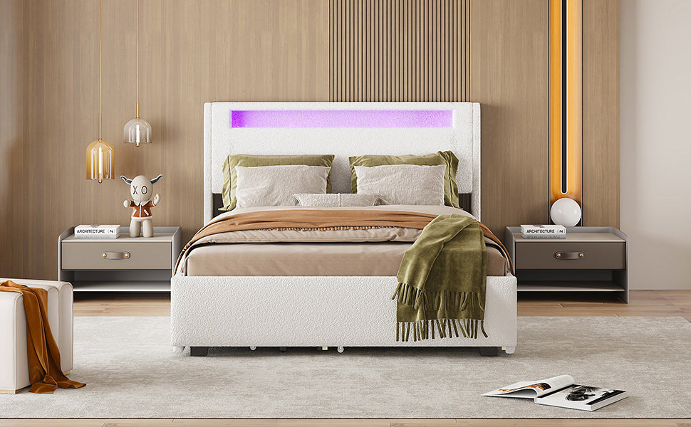 Full Size Upholstered Platform Bed with LED Frame, with Twin  Size Trundle and 2 drawers, Teddy Fleece, White