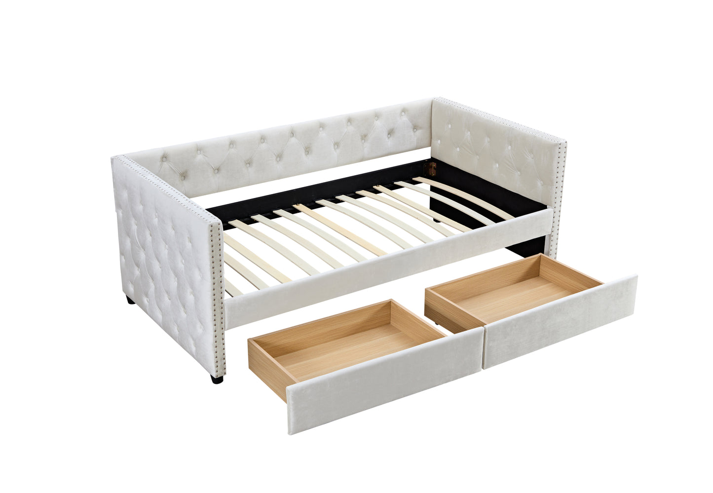 Sofá cama con cajones, moderno sofá cama tapizado en terciopelo con estructura de sofá cama con botones y cajones dobles, muebles de dormitorio y sala de estar, beige (83,47'' x 42,91'' x 30,71'')