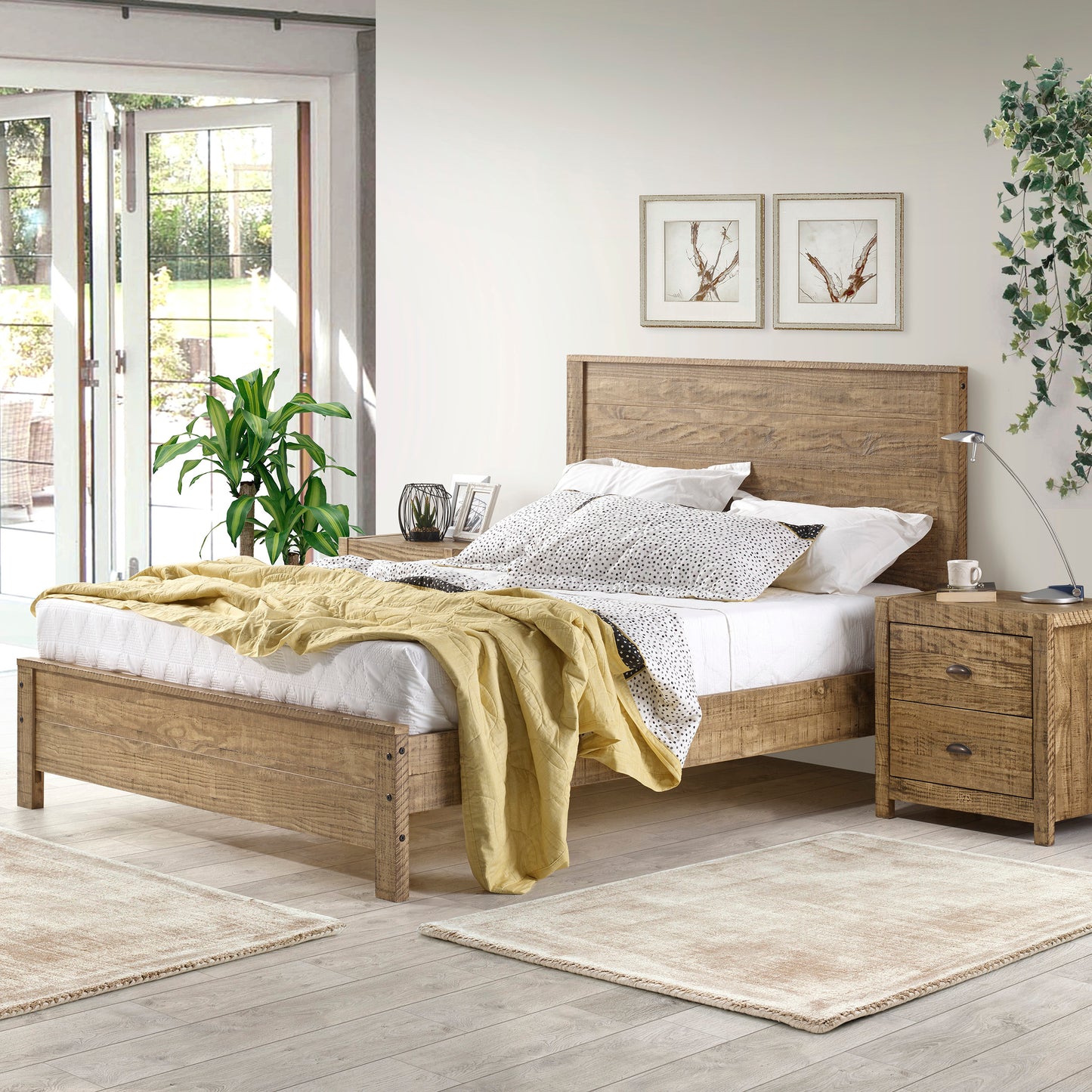 Albany 3 Piece Queen Bed Set, Heavy Duty Solid Wood Queen Size Bed Frame with Bedside Table Set of 2, Walnut