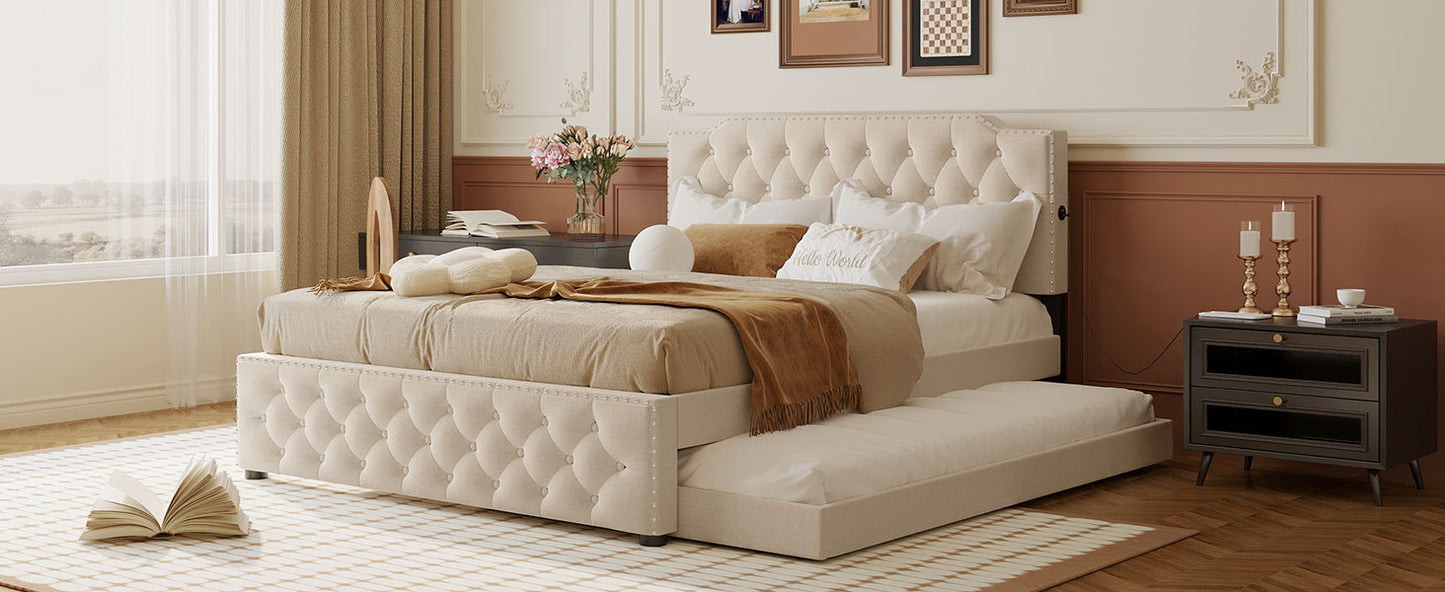 Queen Size Upholstered Platform Bed with Twin Size Trundle and 2 sets of USB Ports on each side, Linen Fabric, Beige