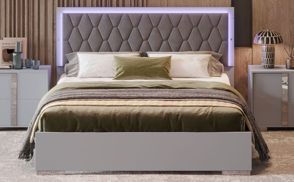 Queen Size Upholstered Bed with LED Lights,Modern Platform Bed with Velvet Headboard,Grey