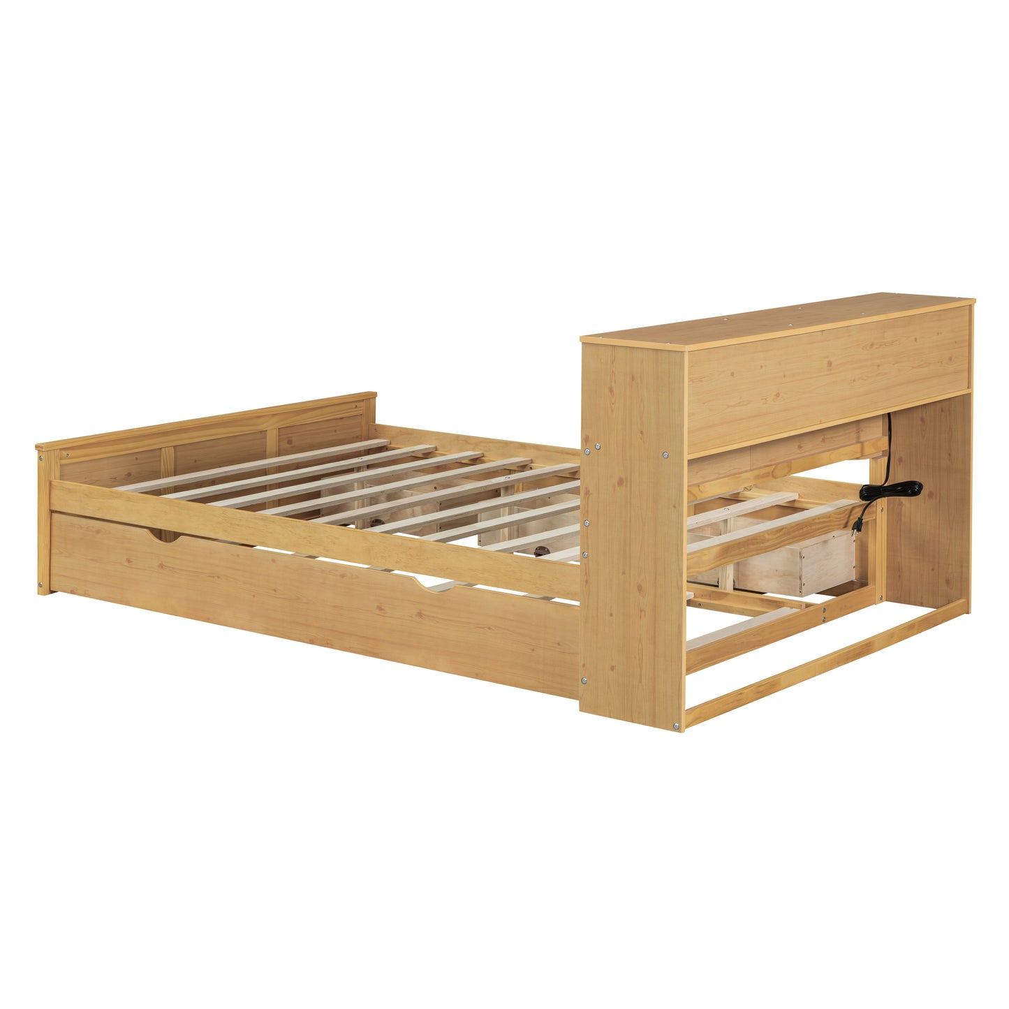 Full Size Wood Pltaform Bed with Twin Size Trundle, 3 Drawers, Upper Shelves and a set of USB Ports & Sockets, Natural