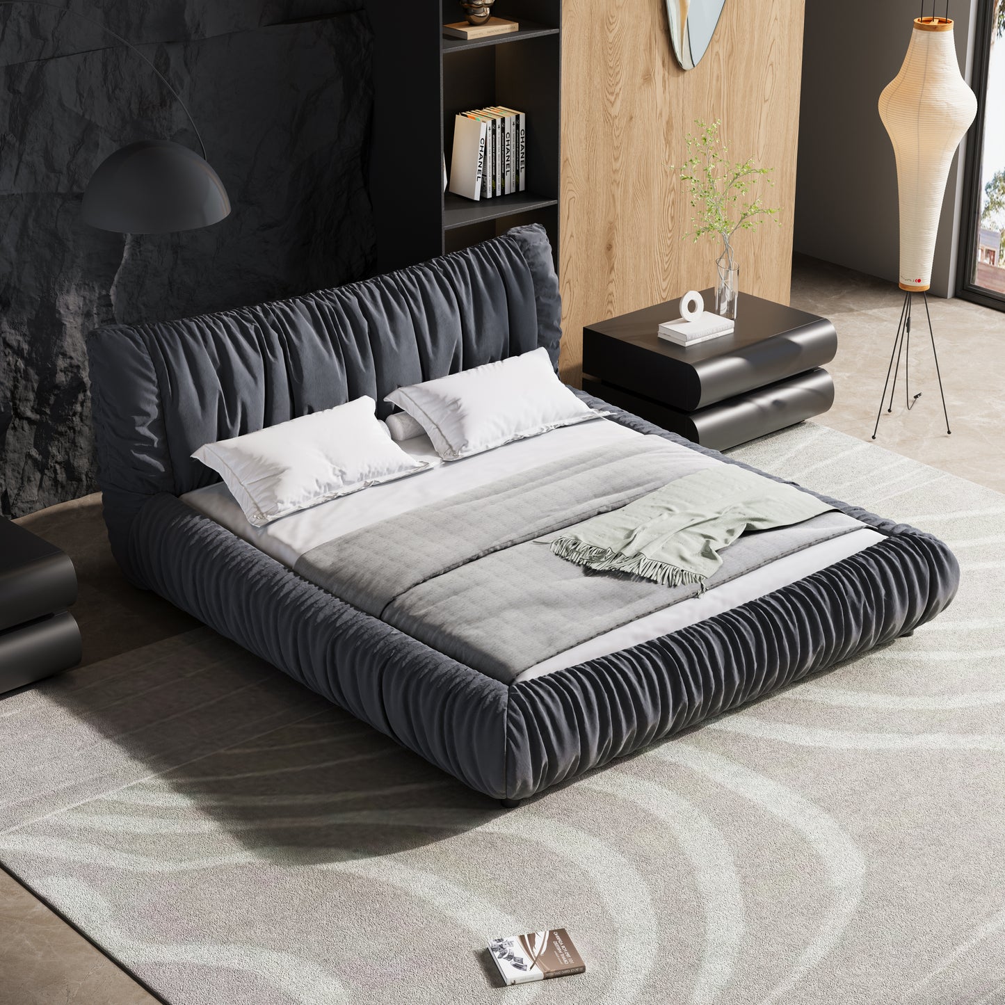 King Size Luxury Upholstered Platform Bed with Removable Cushion and Solid Wood Frame,suitable for Multiple heights of mattresses,DARK GREY