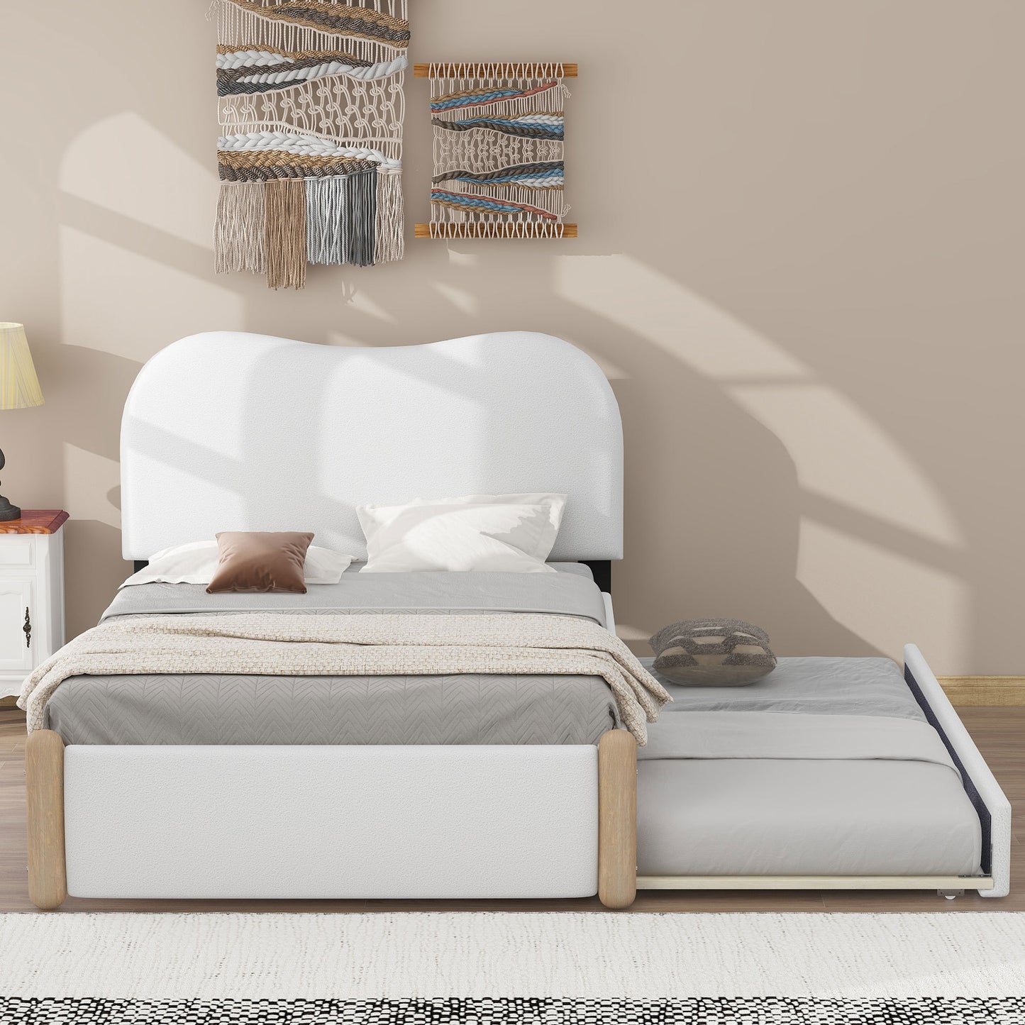 Lit plateforme rembourré pour lit simple avec pieds de support en bois et lit gigogne pour lit simple, blanc