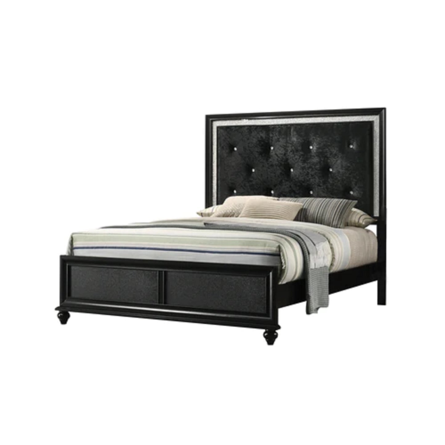 Modern Glam Style Black Finish Upholstered 1pc Full Size Panel Bed Diamond Patterned Faux-crystal Button Tufted Solid Wood Wooden Bedroom Furniture