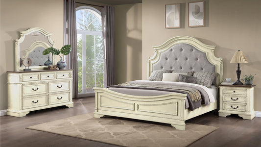 Traditional Style 4 Pc King Bedroom Set with Button Tufted Upholstery Headboard Made with Wood in Antique Beige