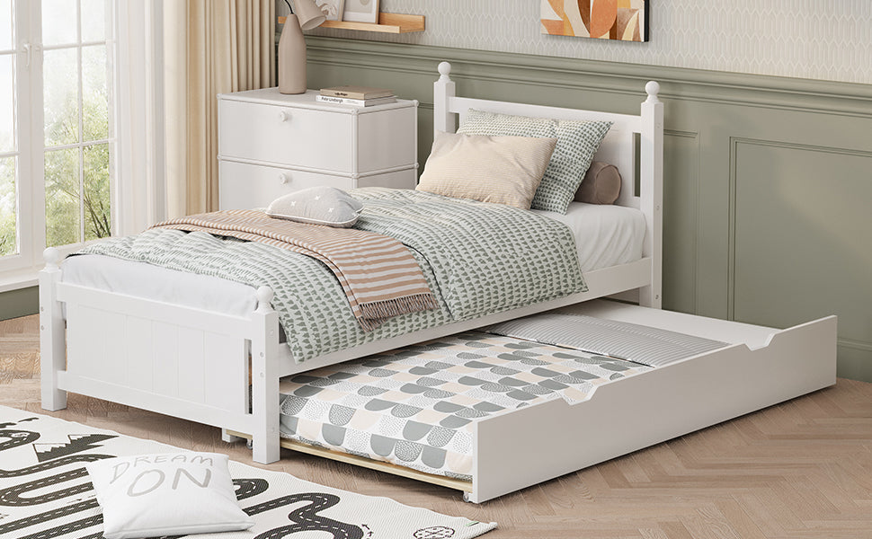 Twin Size Solid Wood Platform Bed Frame with trundle for Limited Space Kids, Teens, Adults, No Need Box Spring, White