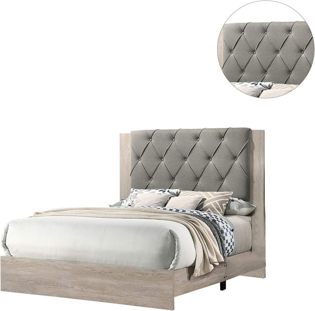 Contemporary 1pc Cream Finish Eastern King Size Bed Bedroom Furniture Gray Tufted Design Headboard Rubberwood 1pc Bedframe