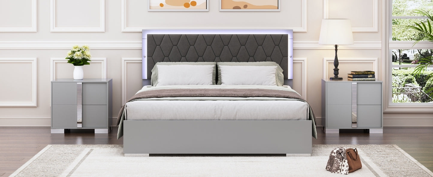 Queen Size Upholstered Bed with LED Lights,Modern Platform Bed with Velvet Headboard,Grey