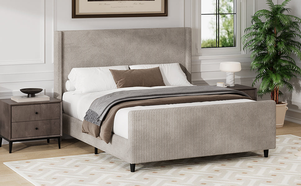 50.7'' High Headboard Corduroy Upholstered Bed Frame with Vertical Stripe Wingback and High Footboard No Box Spring Needed, Queen Size, Taupe