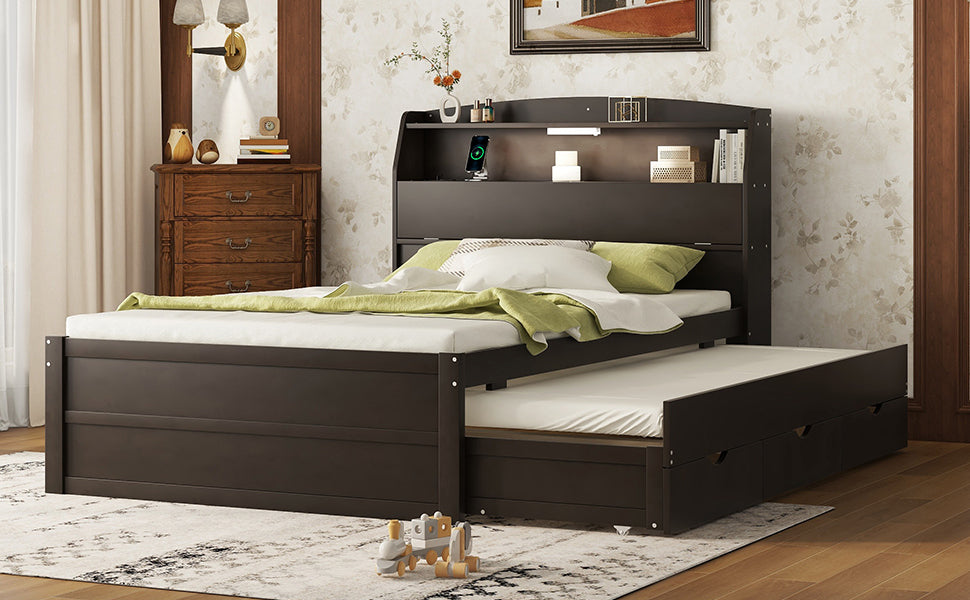 Full Size Wooden LED Platform Bed with Trundle, with Storage Headboard, with Drawers, Brown