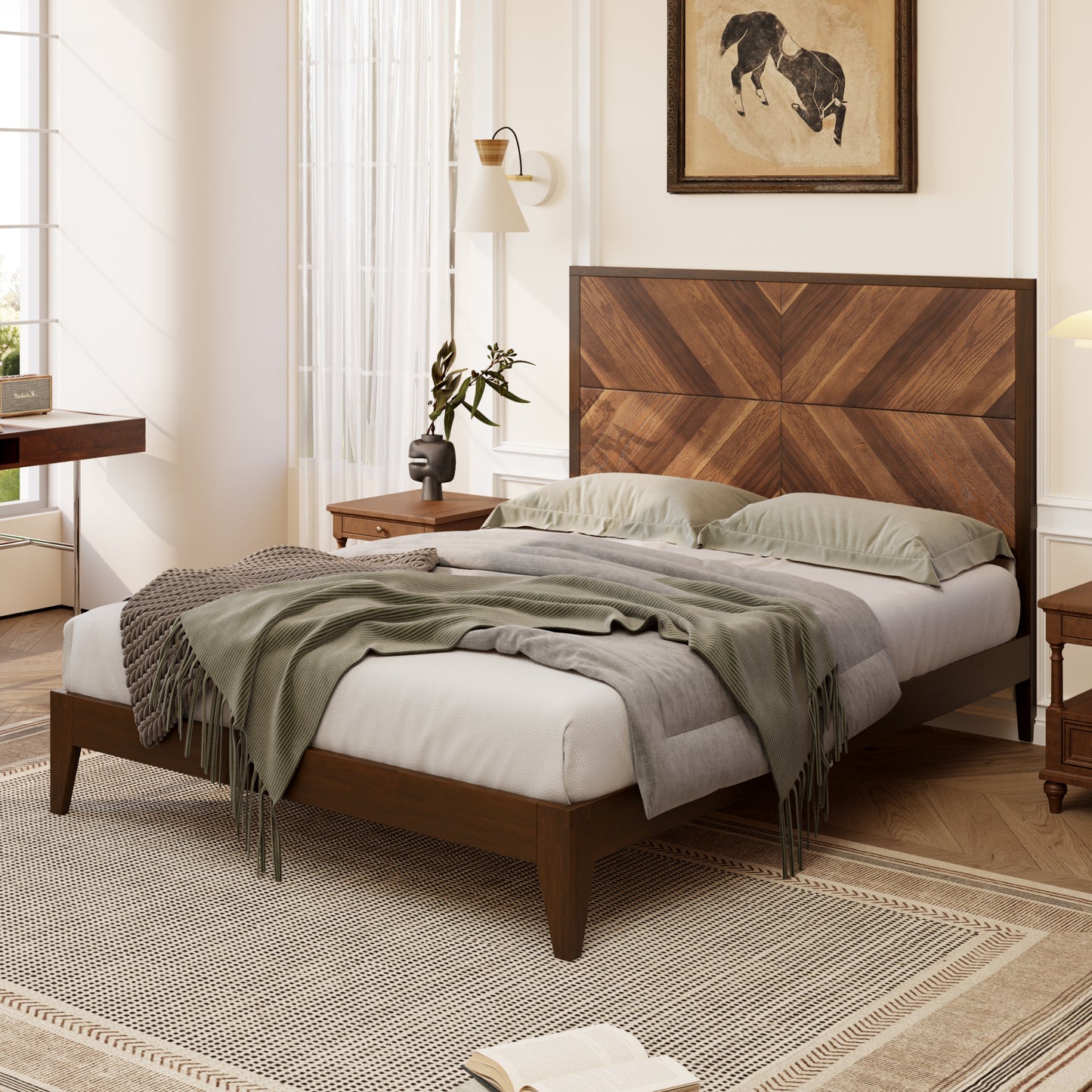 Mid-Century Modern Platform Bed Wood Slat Support with No Box Spring Needed,Queen, Walnut