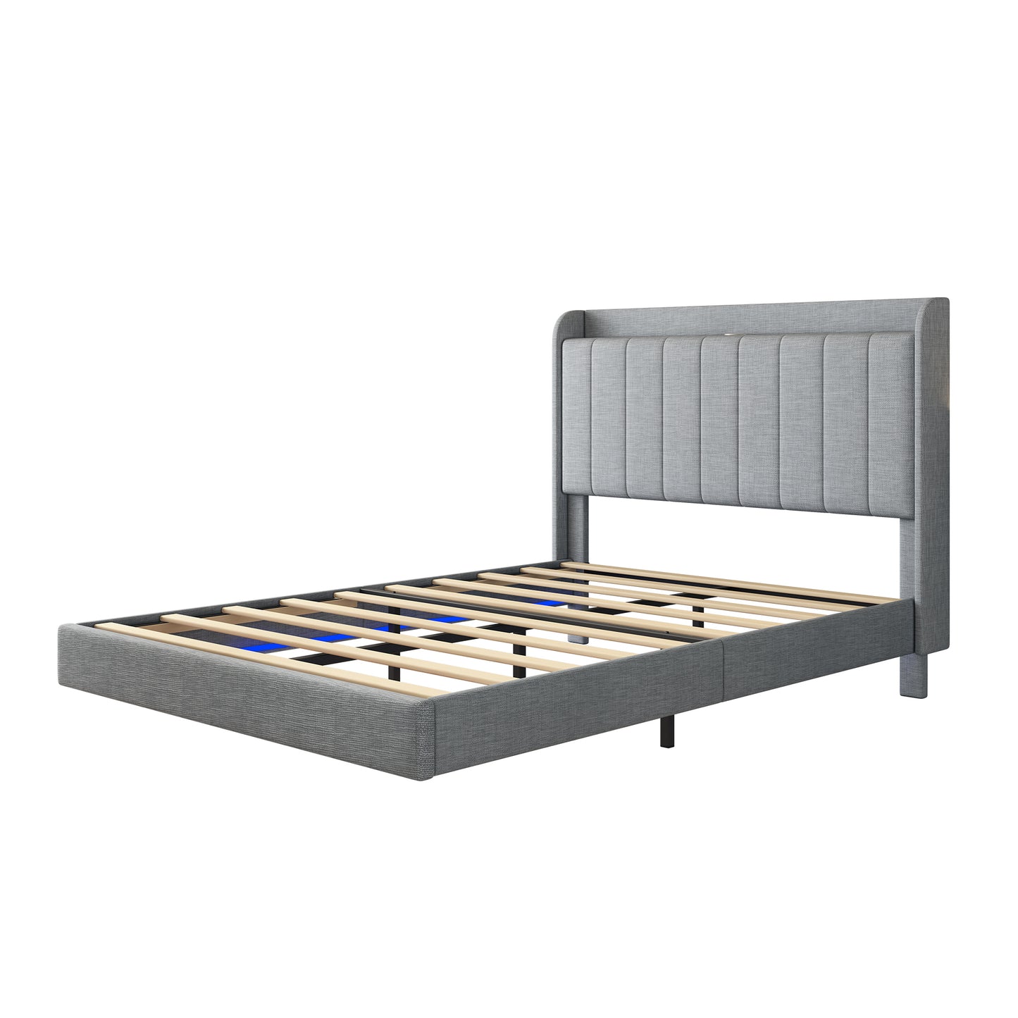 Full size Floating Bed Frame,with Remote control LED Lights with APP , Wood Platform-Light Grey