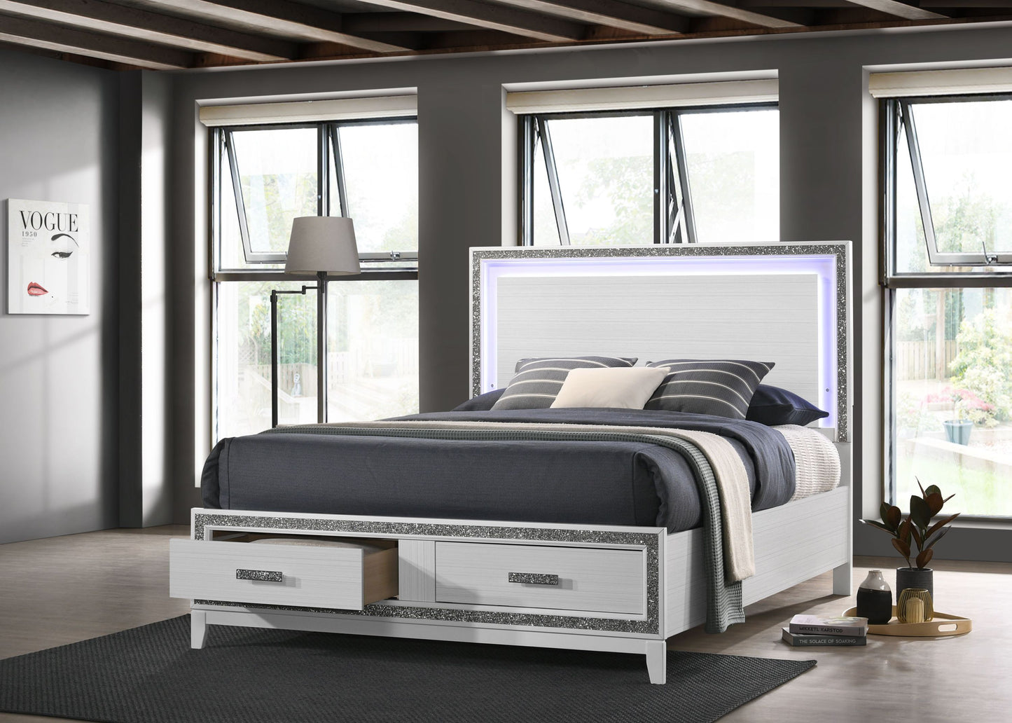 ACME Haiden Eastern King Bed w/Storage, LED & White Finish BD01742EK