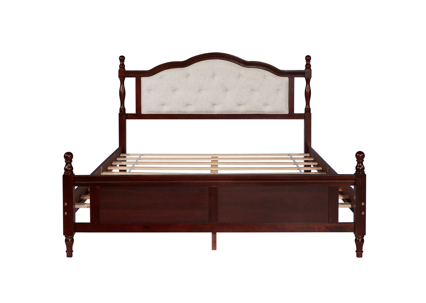 Queen Pine wooden Bed with Upholstered Headboard  and Panel Footboard, with  Two Bed Rail Support Feet and Central Platform Support Feet ,Classic Cherry