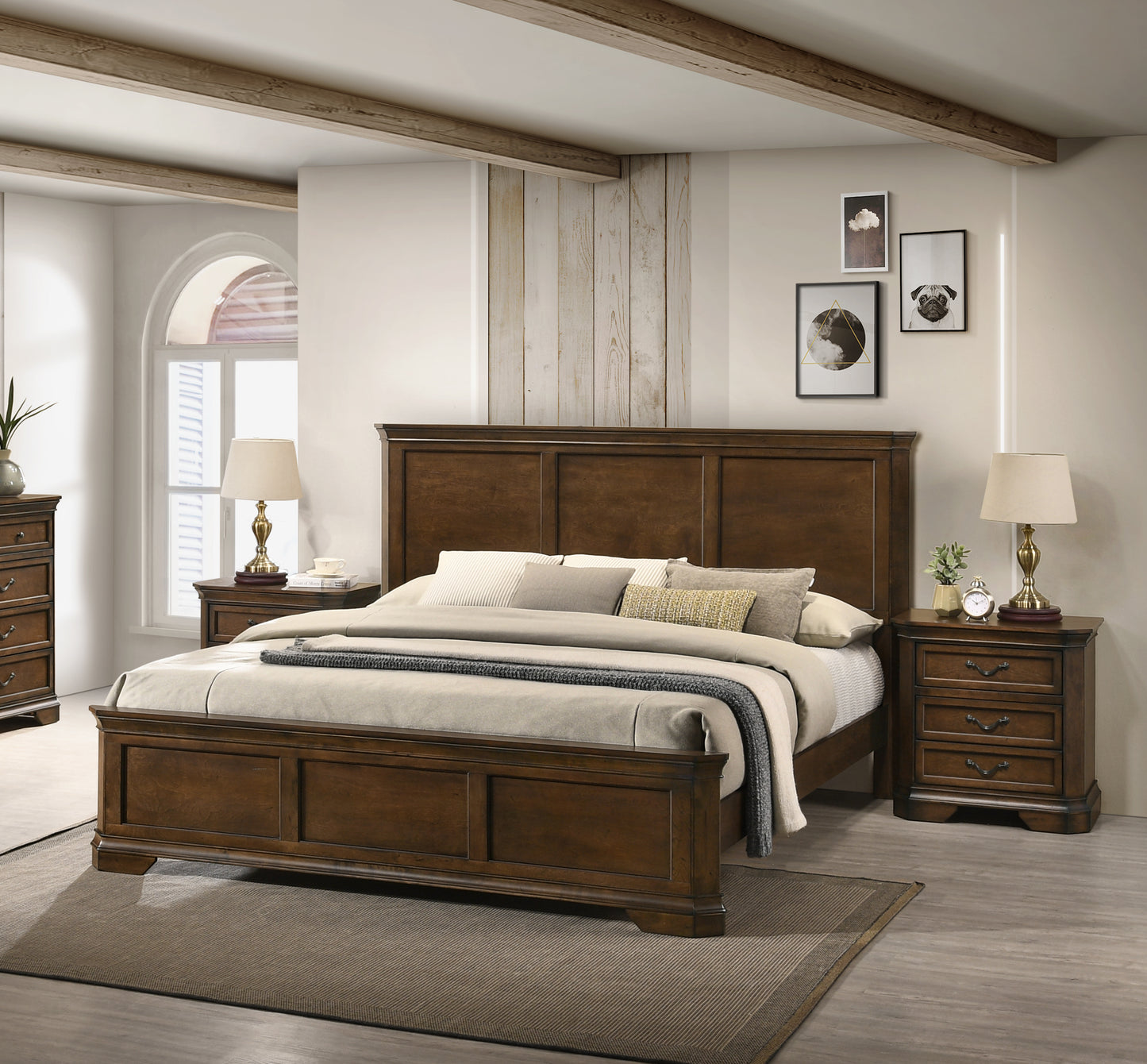 Maderne Traditional 3-Piece Wood Bedroom Set with King Size Panel Bed and Two Nightstands