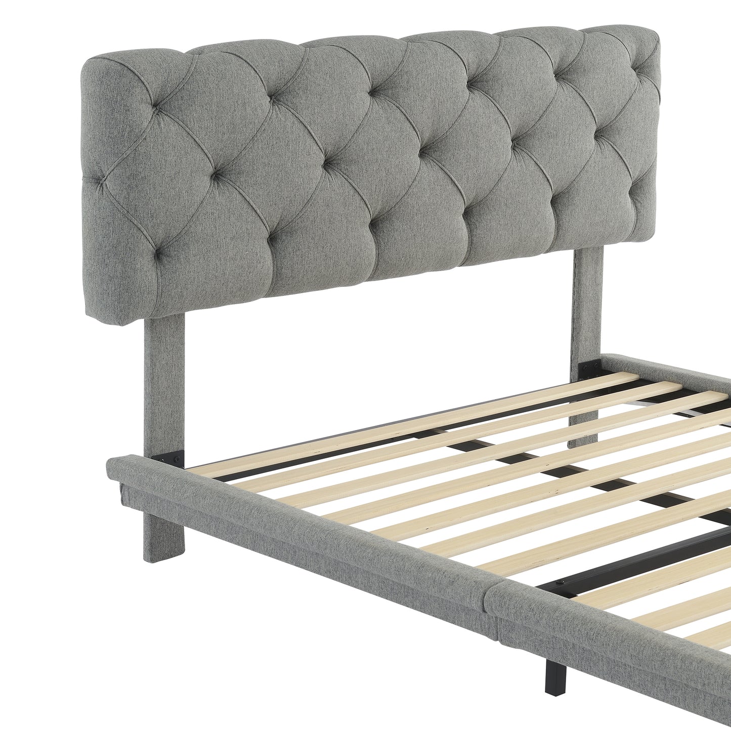 Full Size Upholstered Bed with Light Stripe, Floating Platform Bed, Linen Fabric,Gray