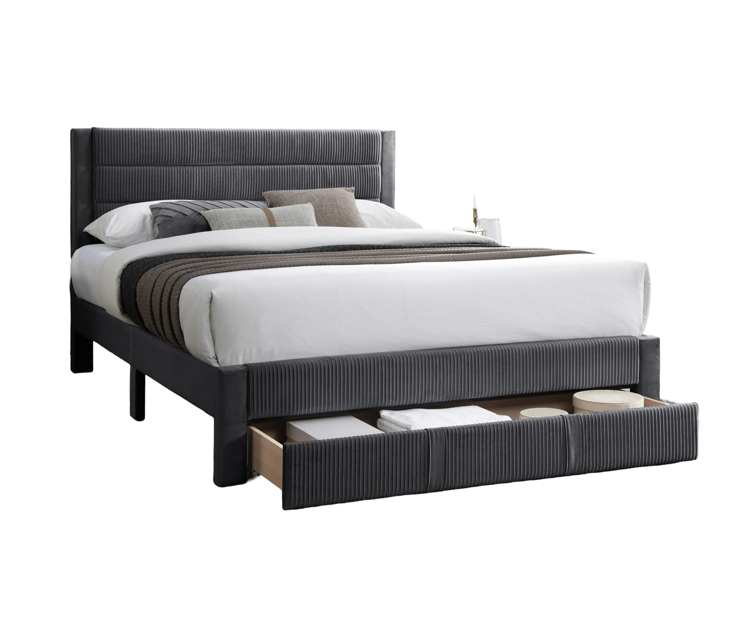 Luxury Contemporary Look 1pc Queen Size Bed w Storage Drawer Charcoal Corduroy Headboard Bedframe