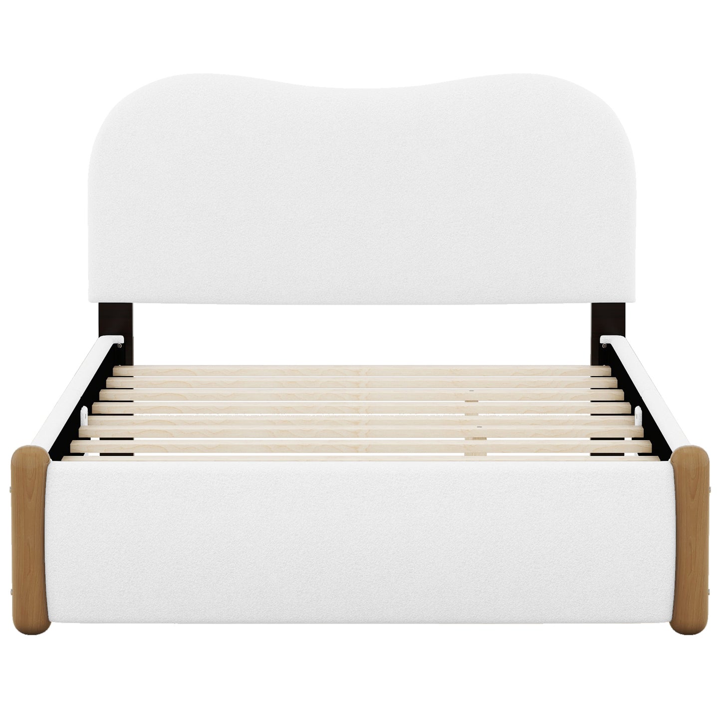 Full Size Upholstered Platform Bed with Wood Supporting Feet, White