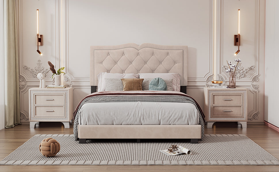 Full Size Upholstered Bed Frame with Rivet Design, Modern Velvet Platform Bed with Tufted Headboard,Beige