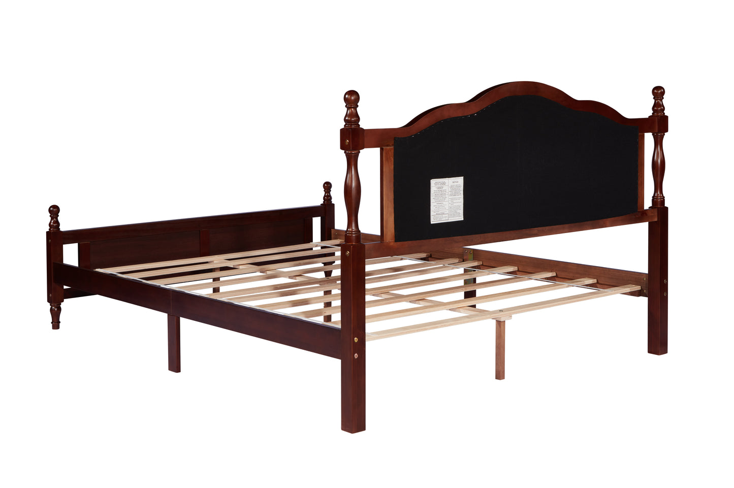 Queen Pine wooden Bed with Upholstered Headboard  and Panel Footboard, with  Two Bed Rail Support Feet and Central Platform Support Feet ,Classic Cherry