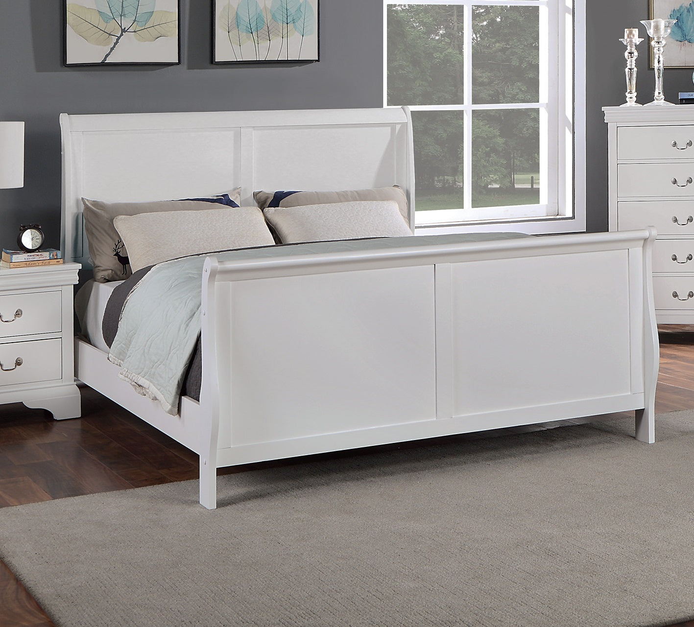 Modern 1pc Full Size Bed Bedroom Furniture Sleigh Design Headboard Footboard Plywood 1pc Bedframe White Color