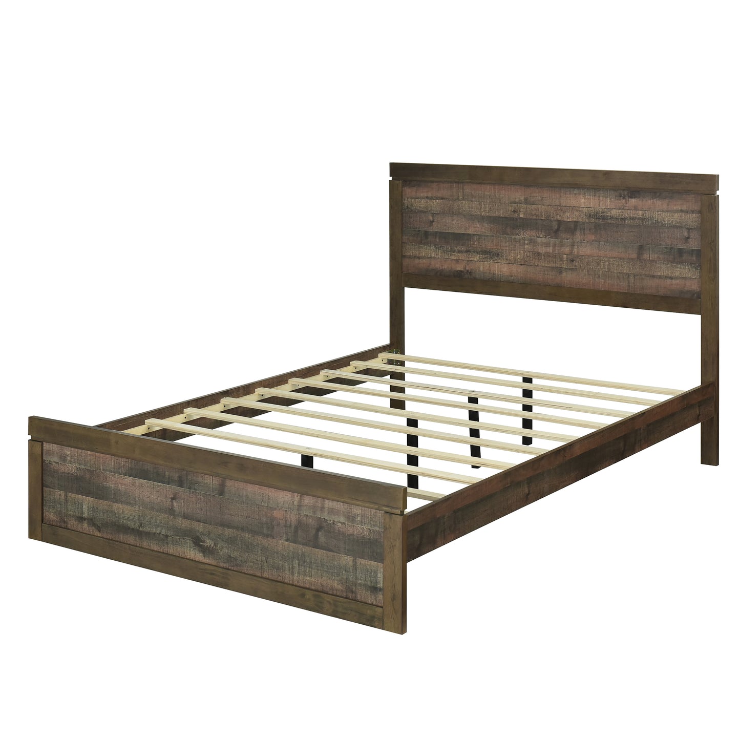 3 Pieces Vintage Farmhouse Style Full Size Platform Bed with 10 Wooden Slats Support + 2 Nightstands, No Box Spring Needed, Rustic Brown