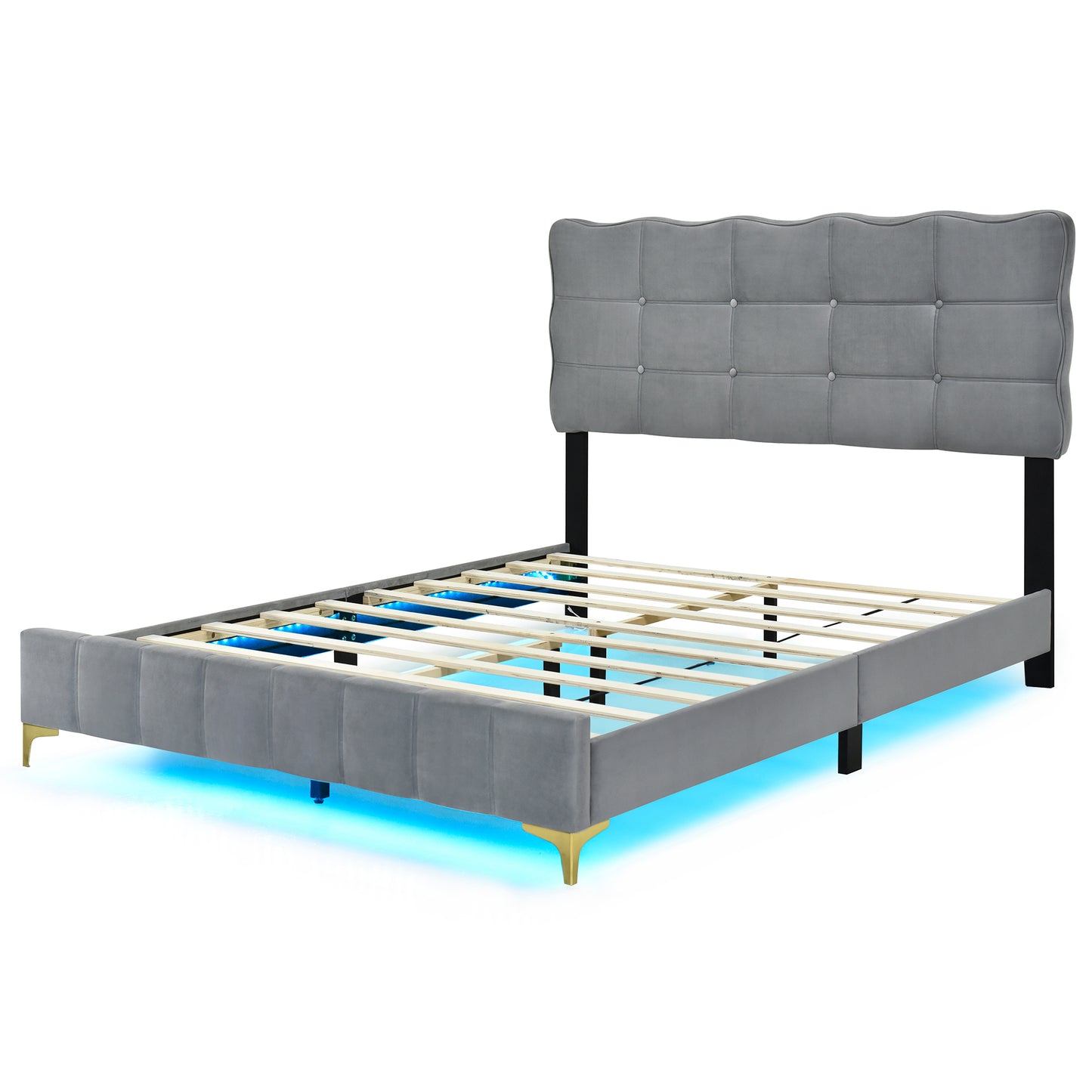 Queen Size Velvet Platform Bed with LED Frame and Stylish Mental Bed Legs, Gray